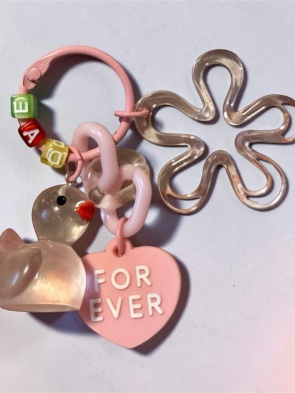 Pink Heart & Duck Charm Keyring - 'FOR EVER'